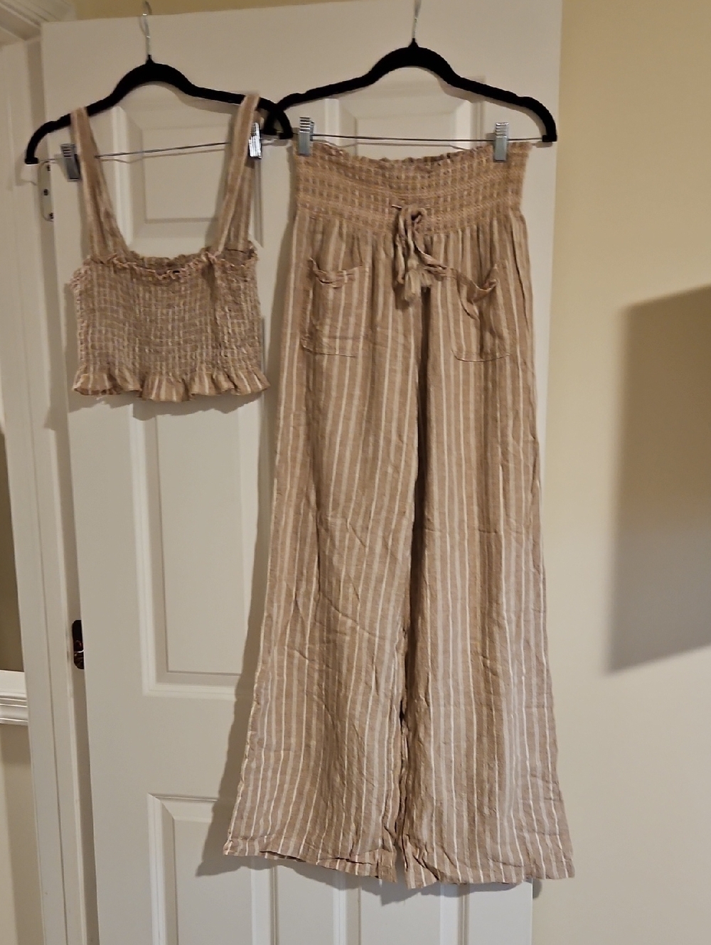 Rewash Beige Striped Smocked-Waist Wide Leg Pants & Crop Set